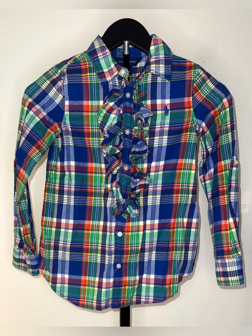Polo Ralph Lauren Plaid Ruffle Button Down Shirt Girls size 7